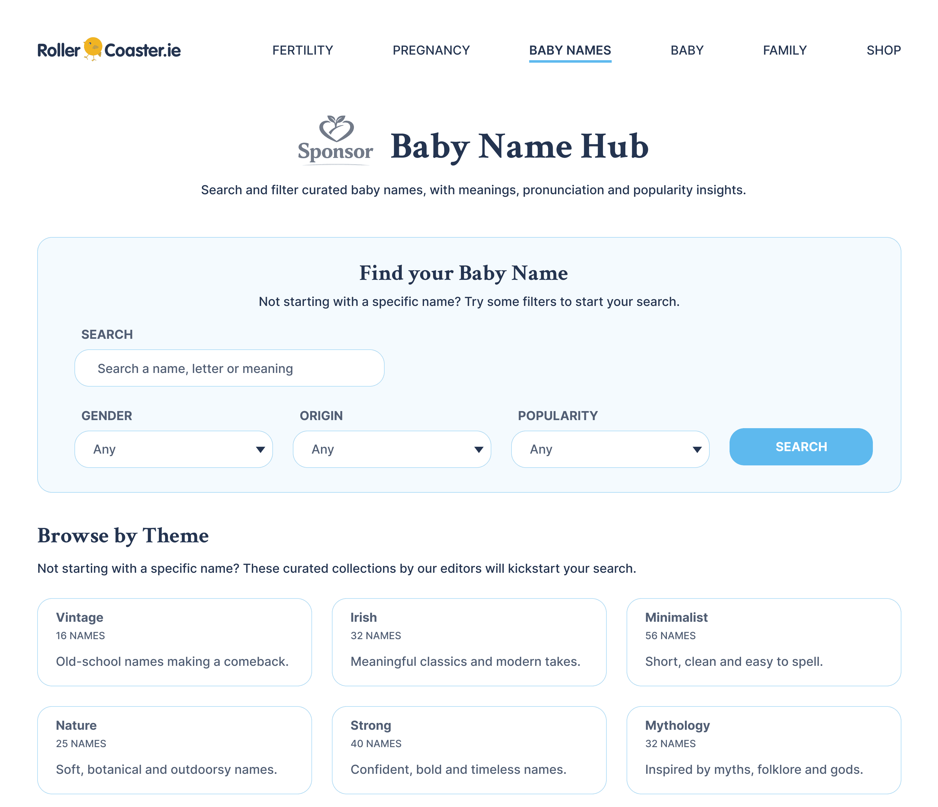Rollercoaster.ie Baby Names overview showing the hub, search results and name detail screens