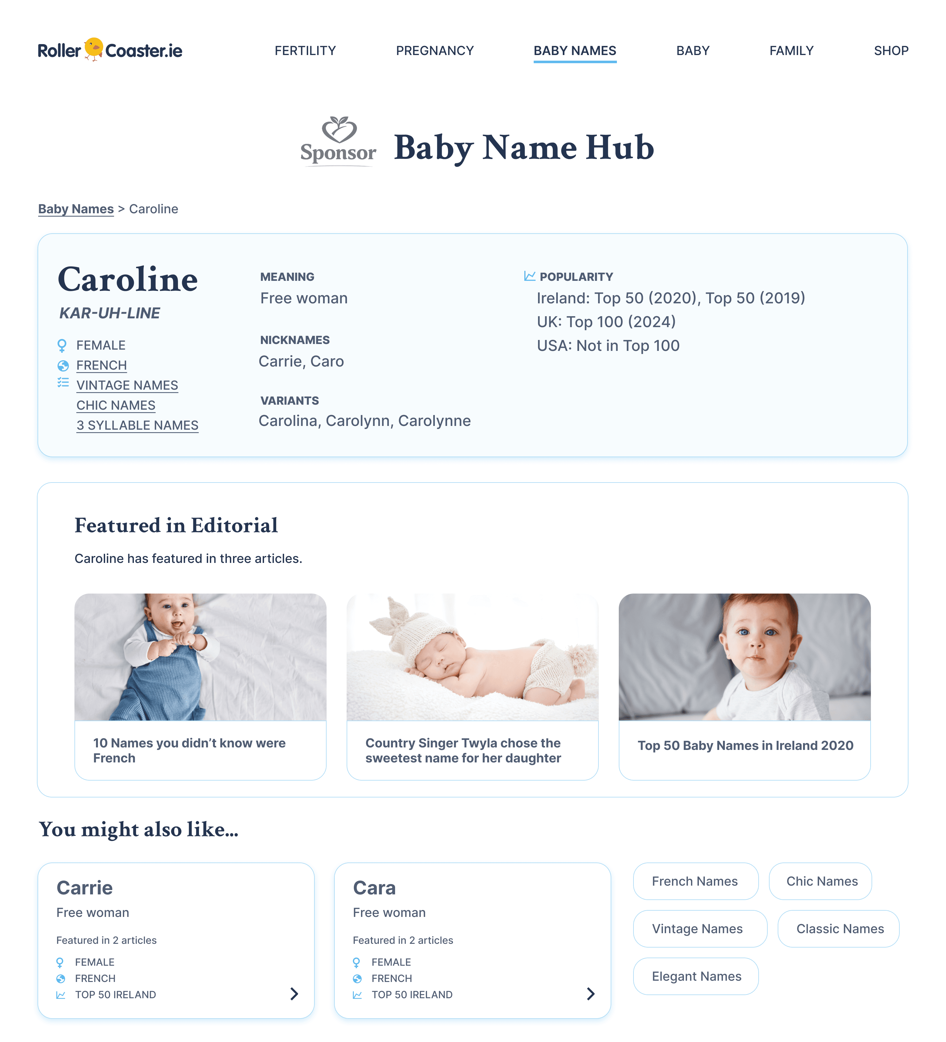 Name detail page showing meaning, pronunciation, origin and related articles