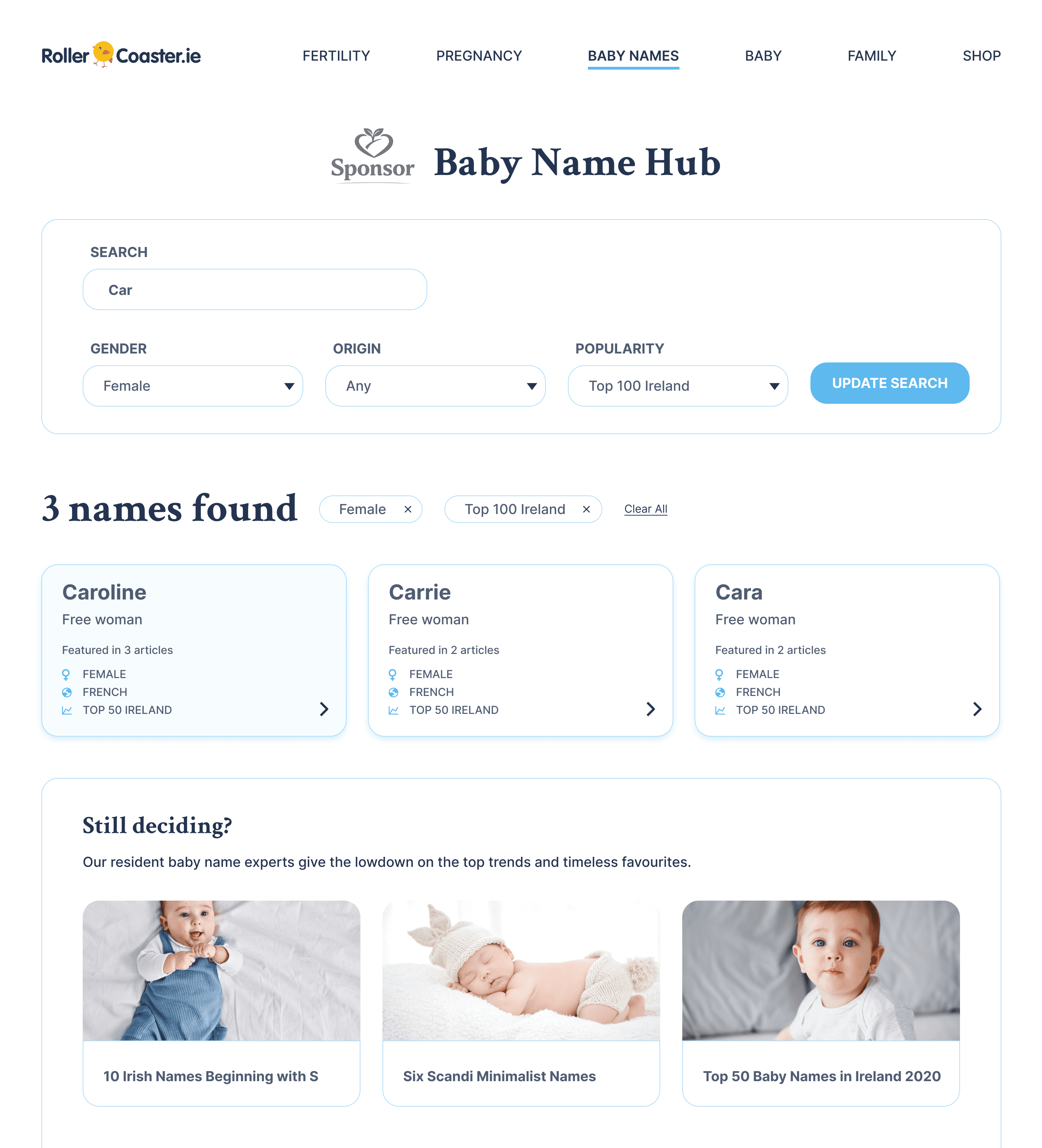 Search results page showing filters and scannable name cards