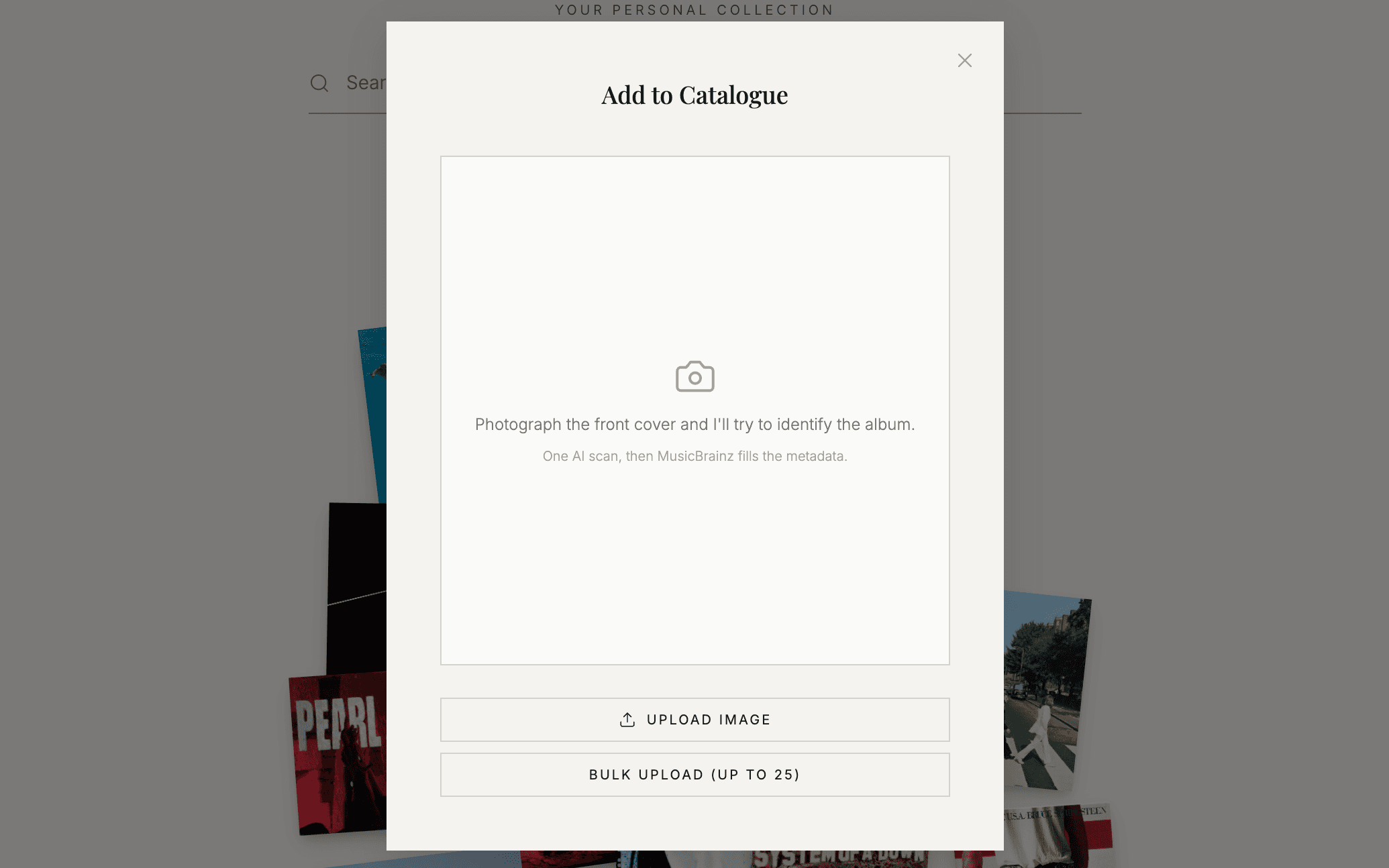 Vinyl Catalog App photo capture and catalog entry screens
