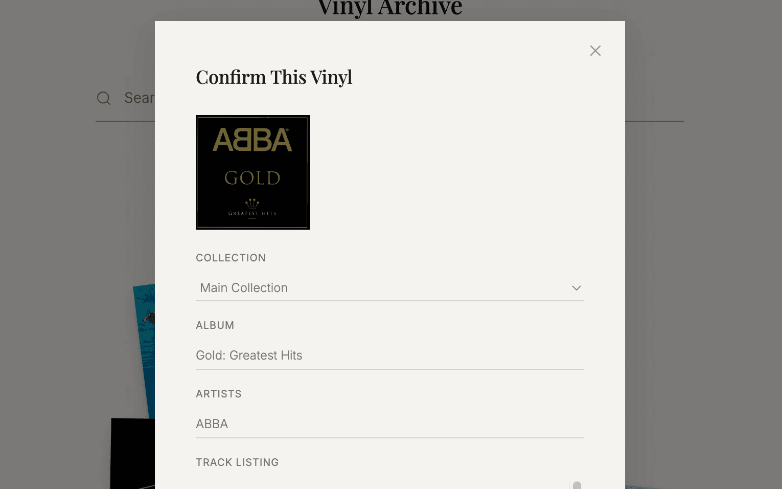 Vinyl Catalog App AI metadata suggestion screen