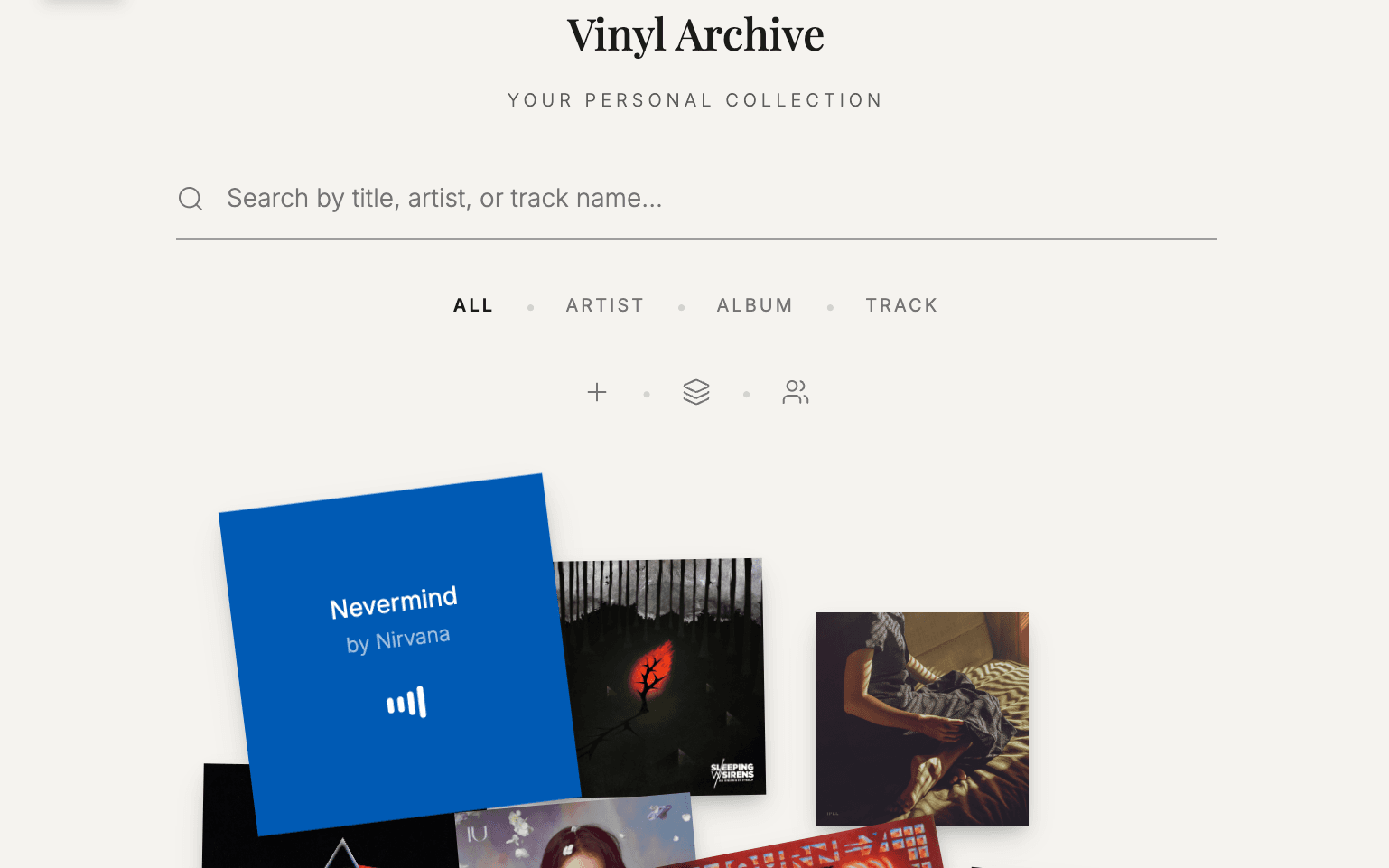 Vinyl Catalog App playing state showing spinning record interaction